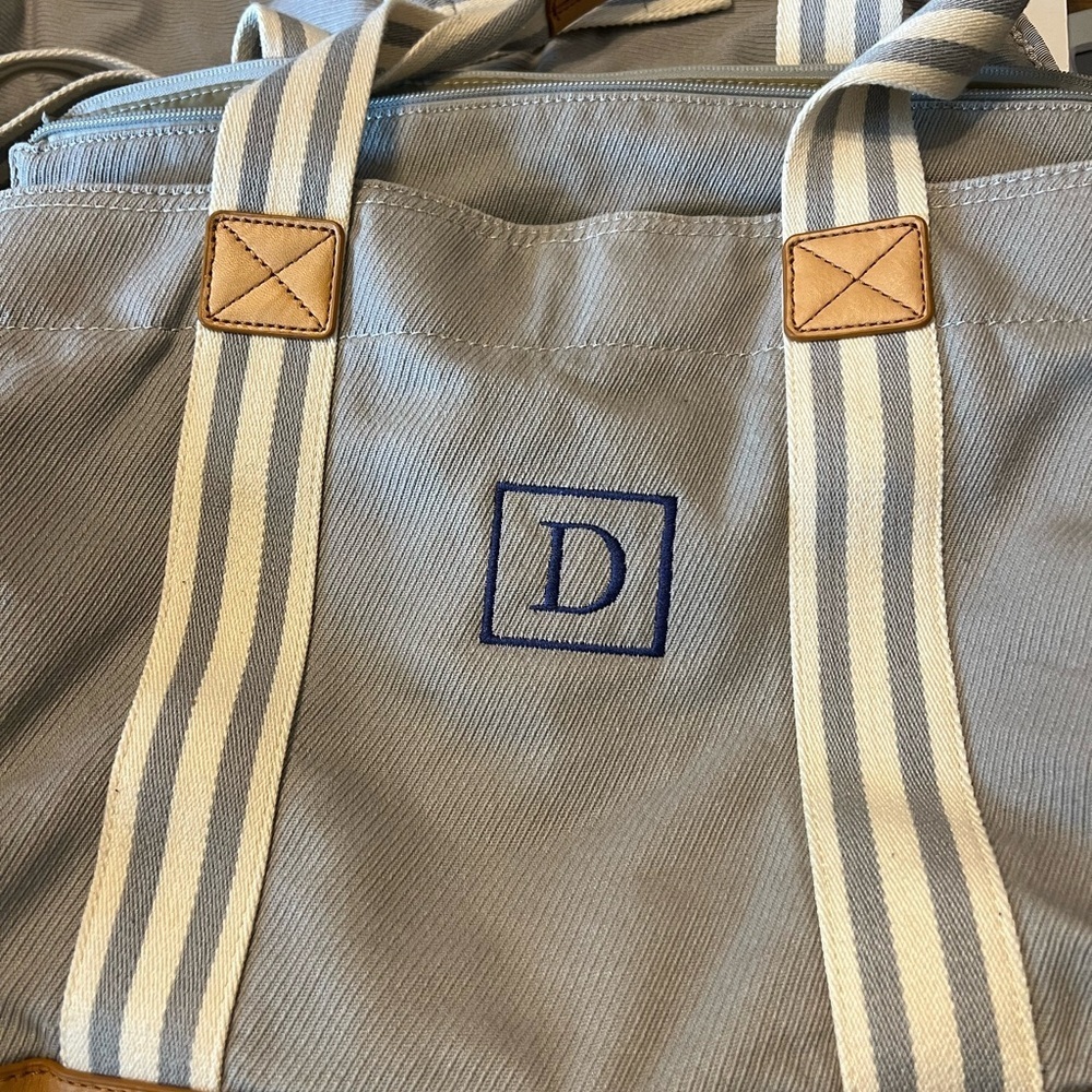 Pottery Barn Kids Gray and Blue Baby Bag with Striped Handles
